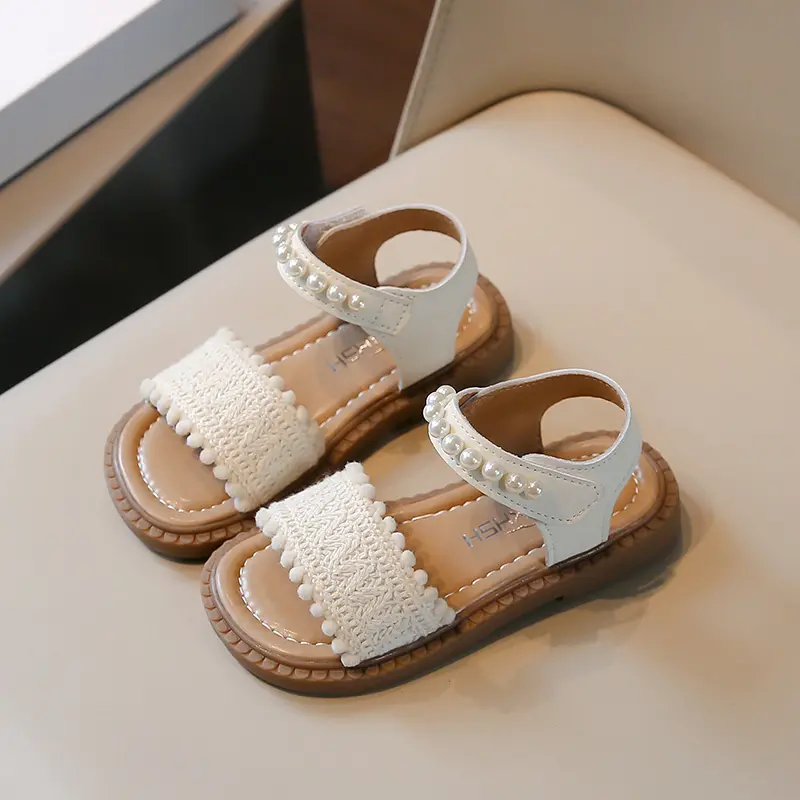 Unishuni Girls Sandals Princess One-Strap Summer Shoes Child Soft Skin-Friendly Cloth Sandal Kids Lace Pearl Bohemia Beach Flats