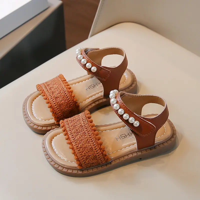 Unishuni Girls Sandals Princess One-Strap Summer Shoes Child Soft Skin-Friendly Cloth Sandal Kids Lace Pearl Bohemia Beach Flats