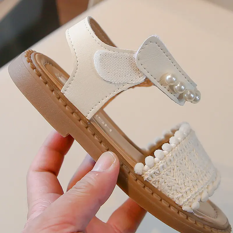 Unishuni Girls Sandals Princess One-Strap Summer Shoes Child Soft Skin-Friendly Cloth Sandal Kids Lace Pearl Bohemia Beach Flats