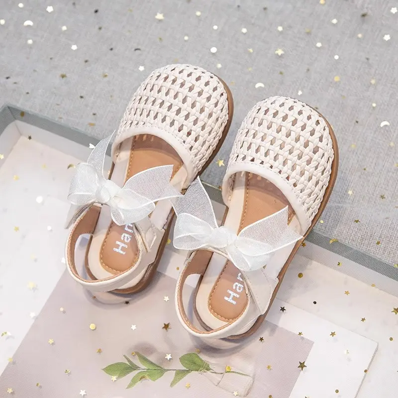 Braided Sandal for Girl Princess Summer Shoe Child Soft Sole Close Toed Butterfly Beach Shoe Kids Casual Shoe Beige Brown Silver