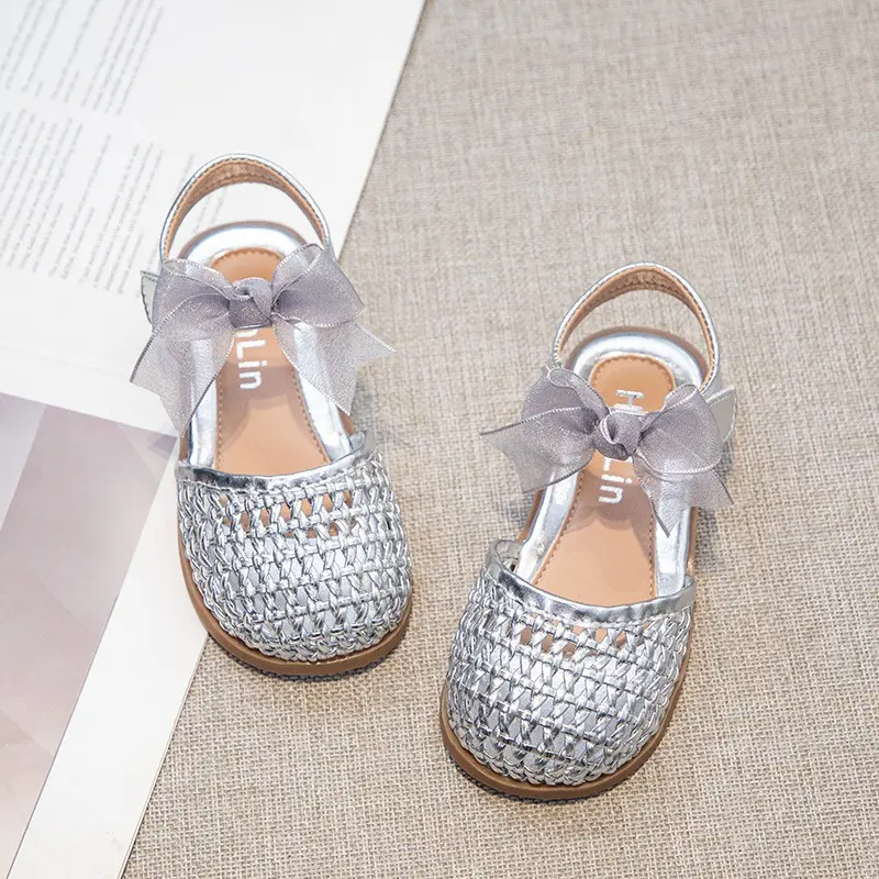 Braided Sandal for Girl Princess Summer Shoe Child Soft Sole Close Toed Butterfly Beach Shoe Kids Casual Shoe Beige Brown Silver