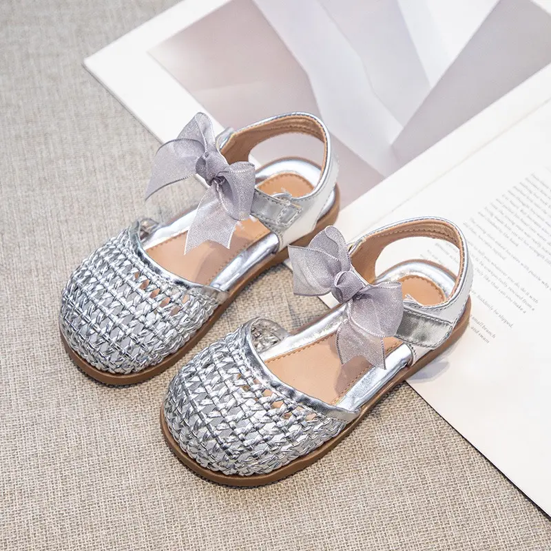 Braided Sandal for Girl Princess Summer Shoe Child Soft Sole Close Toed Butterfly Beach Shoe Kids Casual Shoe Beige Brown Silver