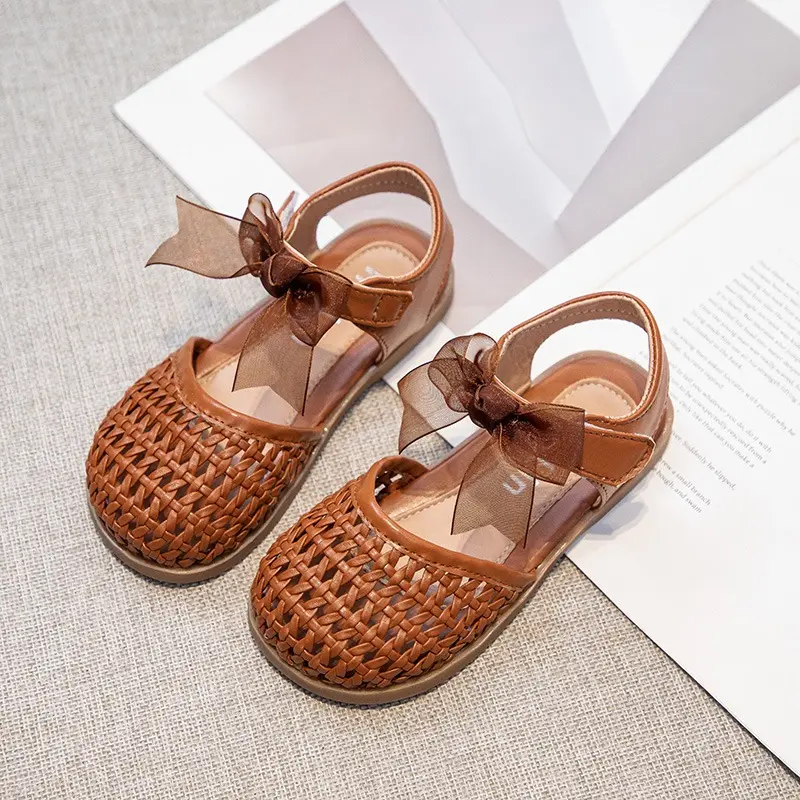 Braided Sandal for Girl Princess Summer Shoe Child Soft Sole Close Toed Butterfly Beach Shoe Kids Casual Shoe Beige Brown Silver