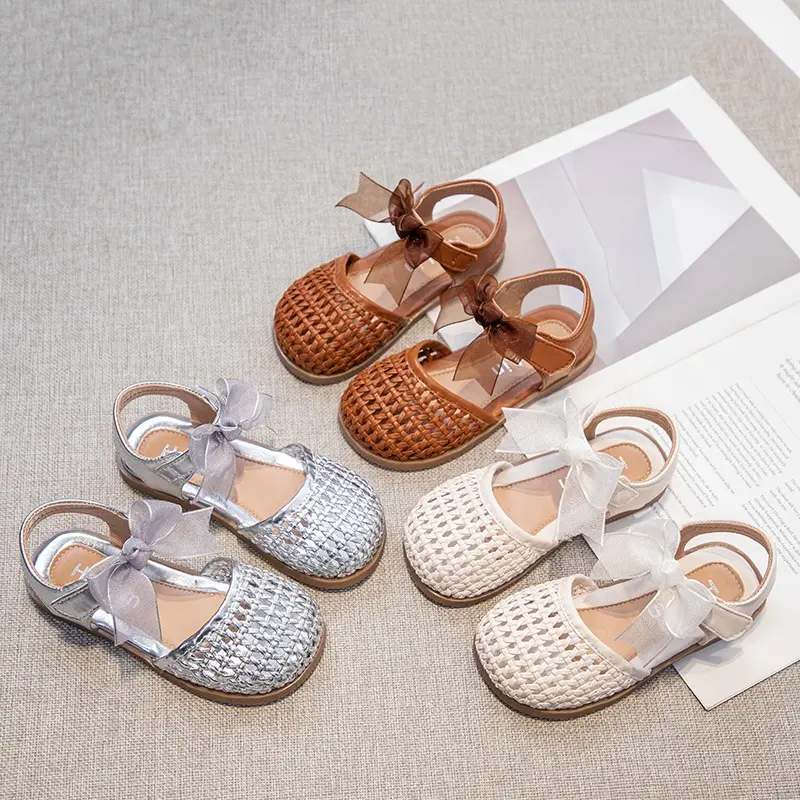 Braided Sandal for Girl Princess Summer Shoe Child Soft Sole Close Toed Butterfly Beach Shoe Kids Casual Shoe Beige Brown Silver