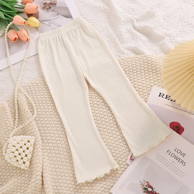 Children Summer Solid Color Thin Ribbed Knit Flared Pants Girls Casual Trousers Korea Fashion Pants Girl Princess Style Capris