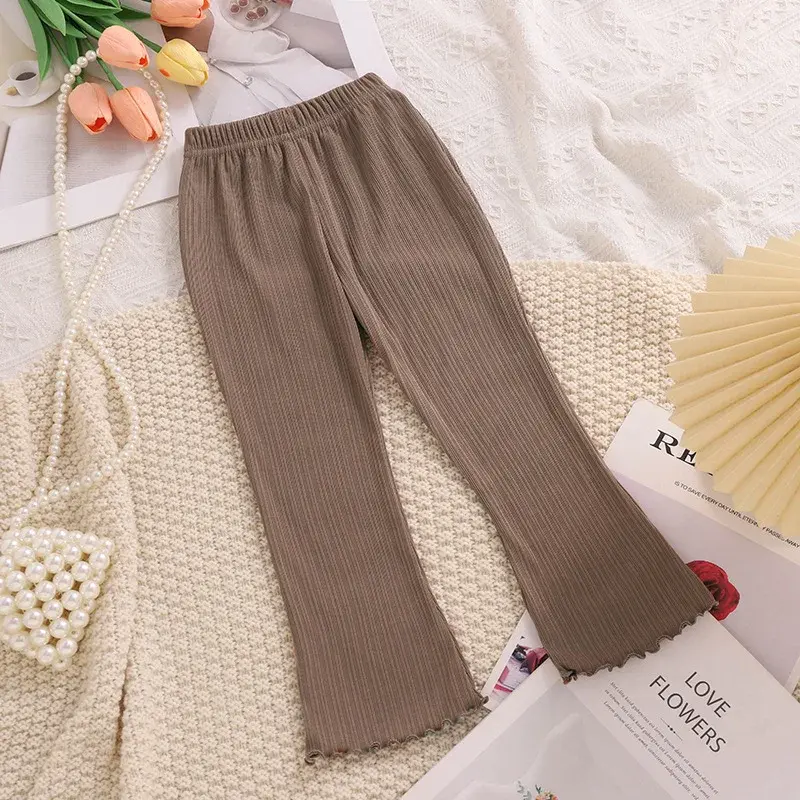 Children Summer Solid Color Thin Ribbed Knit Flared Pants Girls Casual Trousers Korea Fashion Pants Girl Princess Style Capris