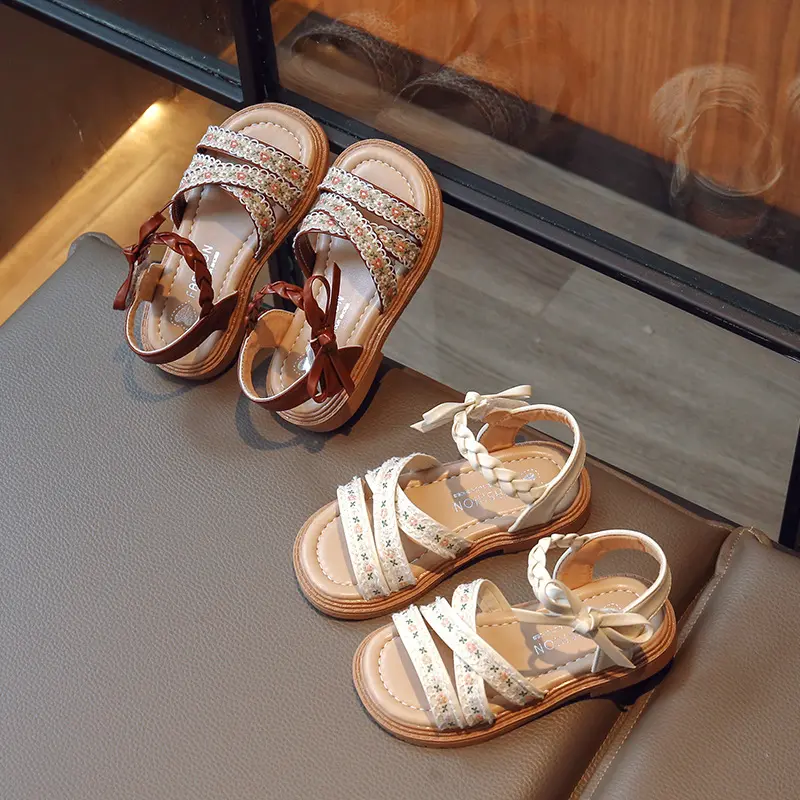 Mbroider Flower Children Princess Shoes Sweet Bowknot Kids Causal Flat Sandals Soft Soled Summer Girls Sandals
