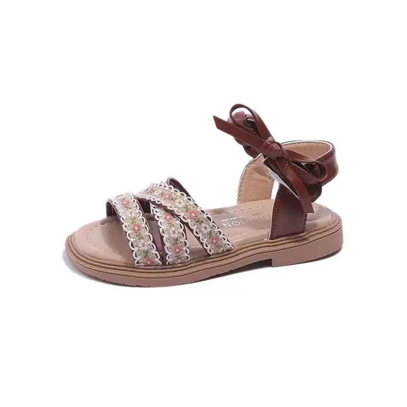 Mbroider Flower Children Princess Shoes Sweet Bowknot Kids Causal Flat Sandals Soft Soled Summer Girls Sandals