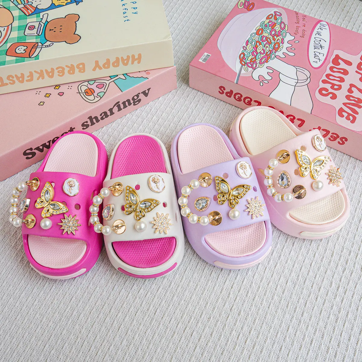 New Popular Cartoon Pearl Gold Butterfly Versatile Girls Eva Slippers Fashionable Double Soft-Soled Non-Slip Sandals 831