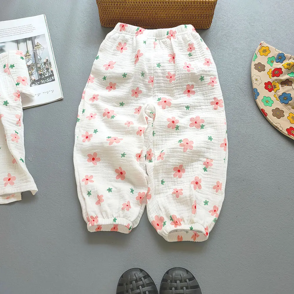 Korea Girls Cotton Printed Cartoon muslin mosquito Summer Pants For Baby Girl Thin Bamboo Bloomers Home Pants Kids Clothes