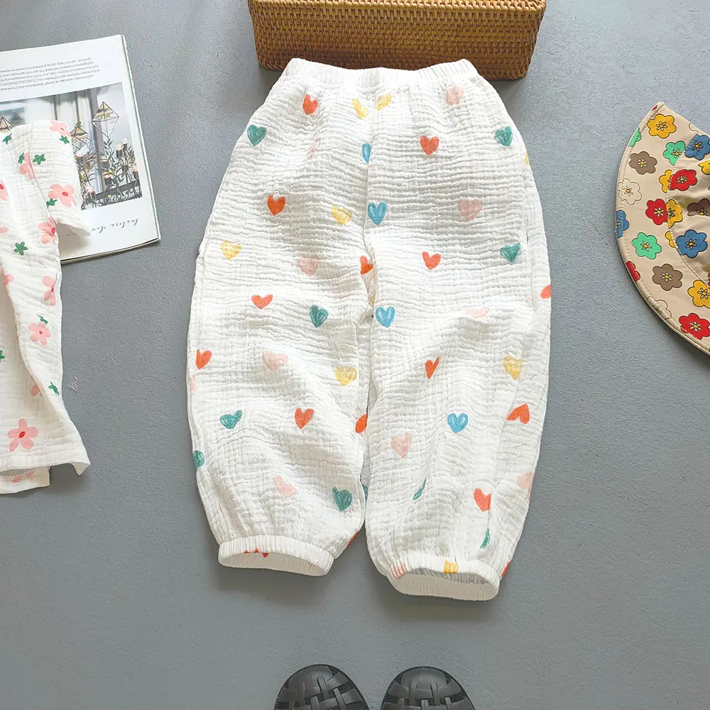 Korea Girls Cotton Printed Cartoon muslin mosquito Summer Pants For Baby Girl Thin Bamboo Bloomers Home Pants Kids Clothes