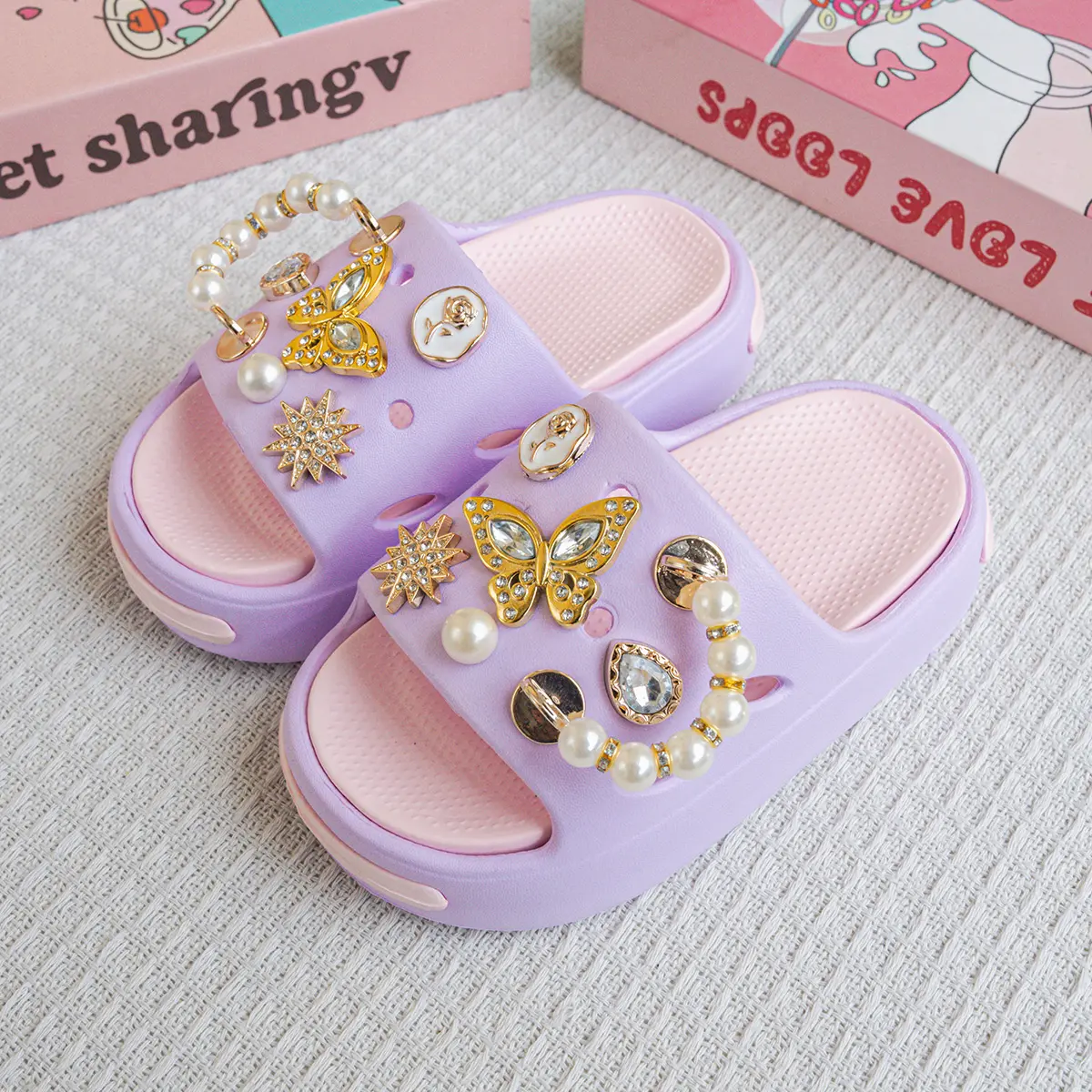 New Popular Cartoon Pearl Gold Butterfly Versatile Girls Eva Slippers Fashionable Double Soft-Soled Non-Slip Sandals 831