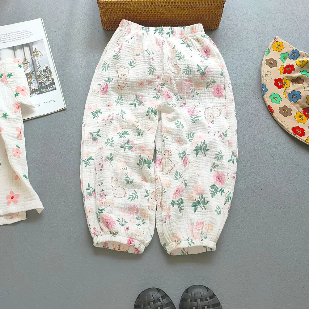 Korea Girls Cotton Printed Cartoon muslin mosquito Summer Pants For Baby Girl Thin Bamboo Bloomers Home Pants Kids Clothes