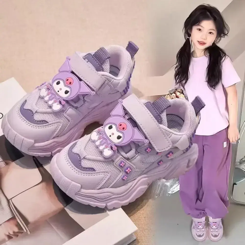 Girls' Cartoon Sanrio Kuromi Sports Shoes Spring Autumn New Anti Slip Thick Soled Mesh Casual Sneakers Outdoor Running Shoes