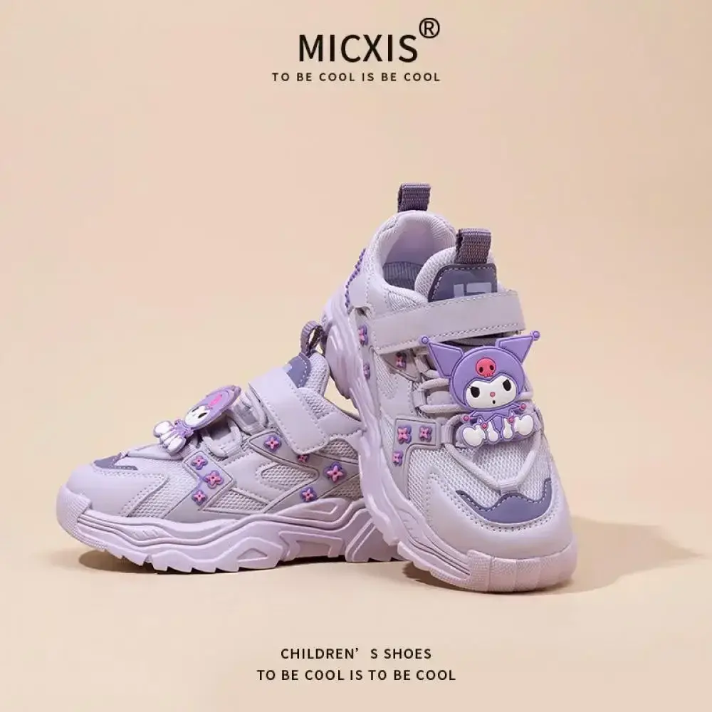 Girls' Cartoon Sanrio Kuromi Sports Shoes Spring Autumn New Anti Slip Thick Soled Mesh Casual Sneakers Outdoor Running Shoes