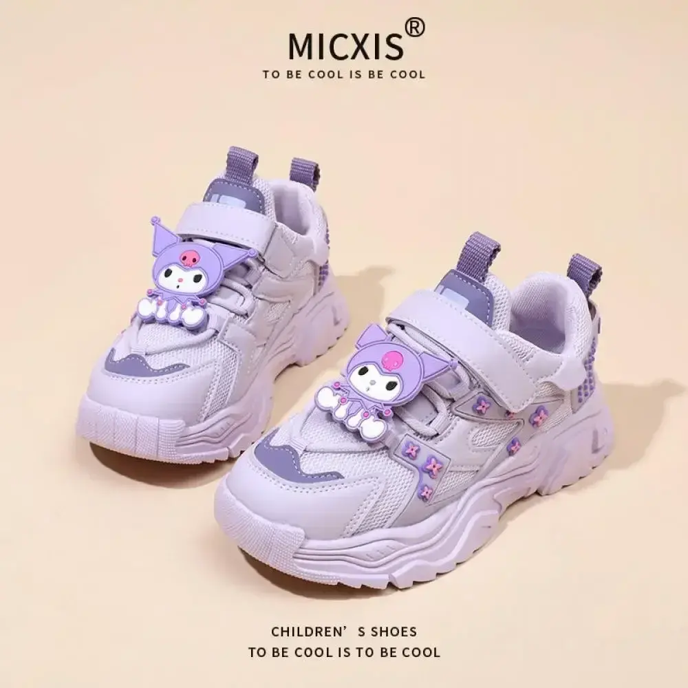 Girls' Cartoon Sanrio Kuromi Sports Shoes Spring Autumn New Anti Slip Thick Soled Mesh Casual Sneakers Outdoor Running Shoes