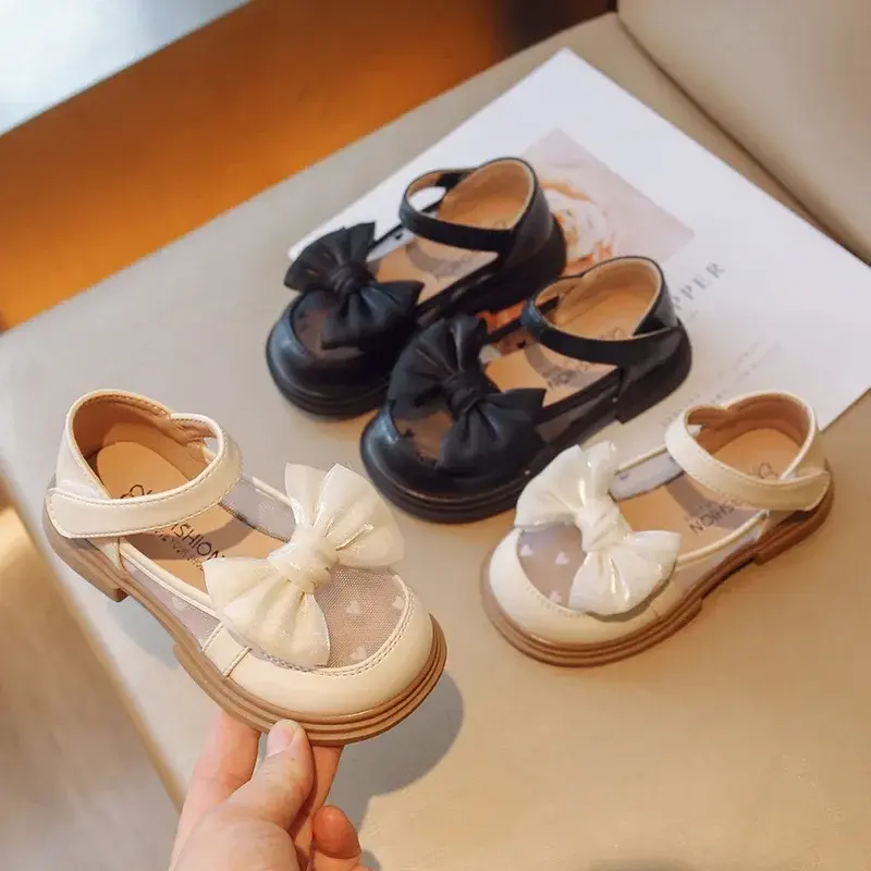 Size 23-35 Children Flat Shoes Lace Girls Princess Shoes with Bow Spring Autumn Summer Wedding Small Leather Shoes