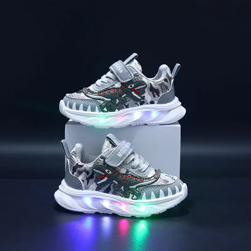 Spring New Children's Sports Shoes Cartoon Dinosaur Children's LED Light Shoes Soft Sole Boys' Causal Sneakers 2-6 Years Old