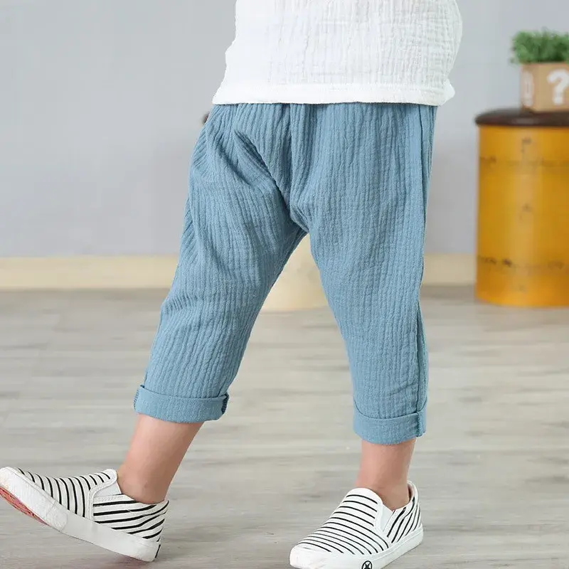 Kids Pants Boy Girl Summer Solid Color Linen Pleated Trousers Children Ankle-length Pants for Baby Casual Harem Pants
