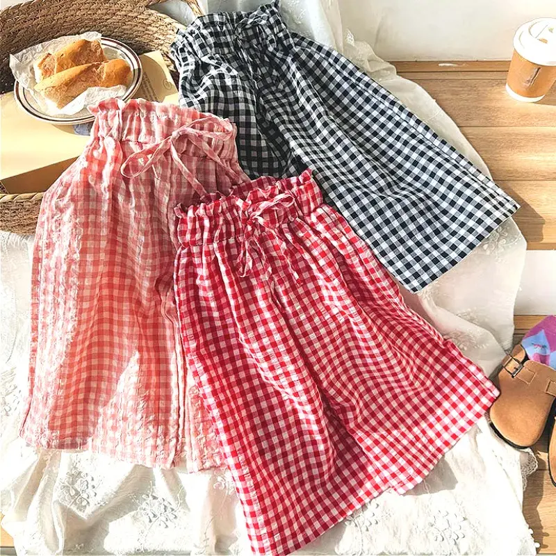 2-8T Girls Pants Grid Straight Wide Leg Cropped Pants Loose Comfortable Ruffled Waist Spring and Summer Thin Skirts Style Pants