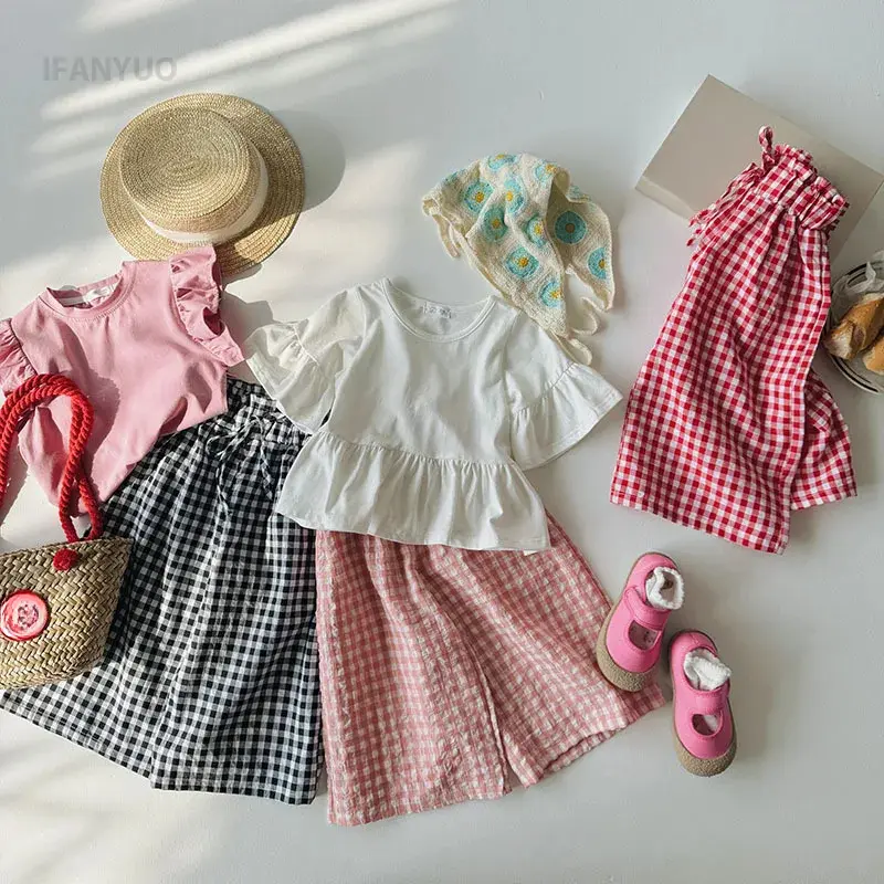 2-8T Girls Pants Grid Straight Wide Leg Cropped Pants Loose Comfortable Ruffled Waist Spring and Summer Thin Skirts Style Pants