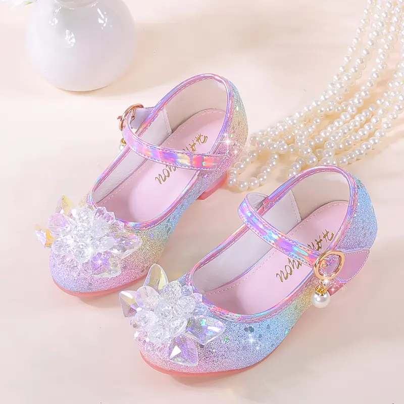 Rainbow Crystal Shoes for Girls Princess Sparkly Magic Strap Toddler Kids Glitter Party Shoes Comfortable Light-up Dance Shoes