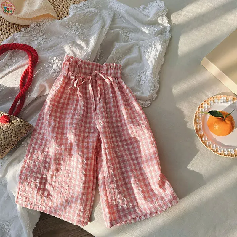 2-8T Girls Pants Grid Straight Wide Leg Cropped Pants Loose Comfortable Ruffled Waist Spring and Summer Thin Skirts Style Pants