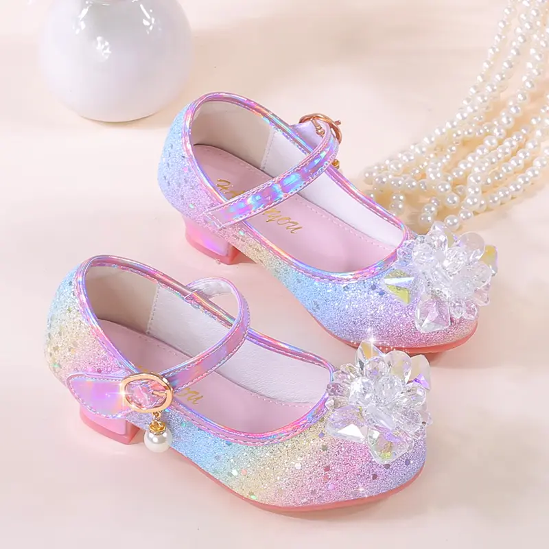 Rainbow Crystal Shoes for Girls Princess Sparkly Magic Strap Toddler Kids Glitter Party Shoes Comfortable Light-up Dance Shoes