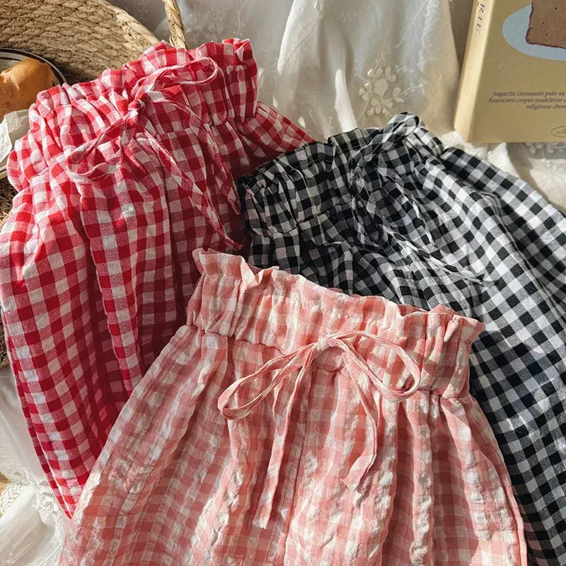 2-8T Girls Pants Grid Straight Wide Leg Cropped Pants Loose Comfortable Ruffled Waist Spring and Summer Thin Skirts Style Pants