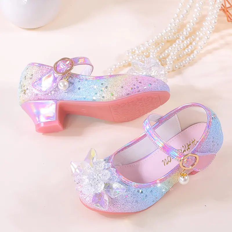 Rainbow Crystal Shoes for Girls Princess Sparkly Magic Strap Toddler Kids Glitter Party Shoes Comfortable Light-up Dance Shoes