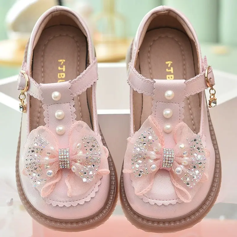 Kids PU Leather Shoes for Girls 2025 Summer Non-slip Toddler Dress Shoes with Shiny Bow Princess School Performance Mary Jane