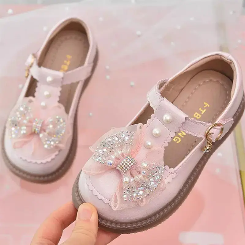 Kids PU Leather Shoes for Girls 2025 Summer Non-slip Toddler Dress Shoes with Shiny Bow Princess School Performance Mary Jane