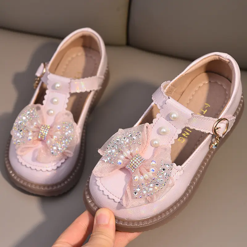 Kids PU Leather Shoes for Girls 2025 Summer Non-slip Toddler Dress Shoes with Shiny Bow Princess School Performance Mary Jane