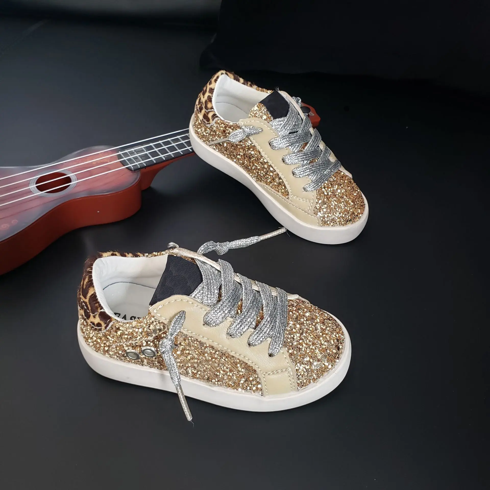 Gold Sequin Tone Sneakers Old School Leather Girl's May Glitter Leather Star Low-Top Sneakers Kids Leopard Shoes