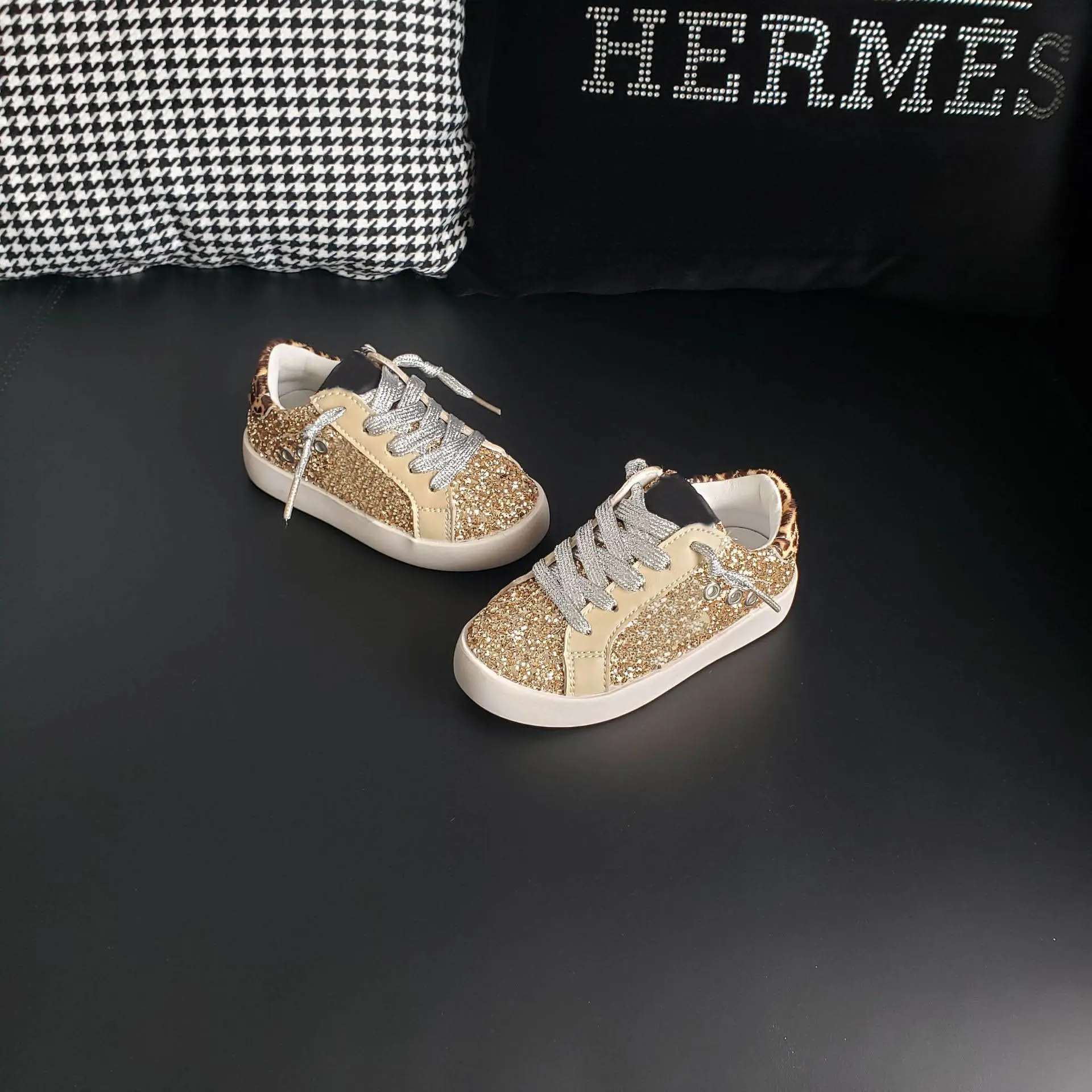 Gold Sequin Tone Sneakers Old School Leather Girl's May Glitter Leather Star Low-Top Sneakers Kids Leopard Shoes