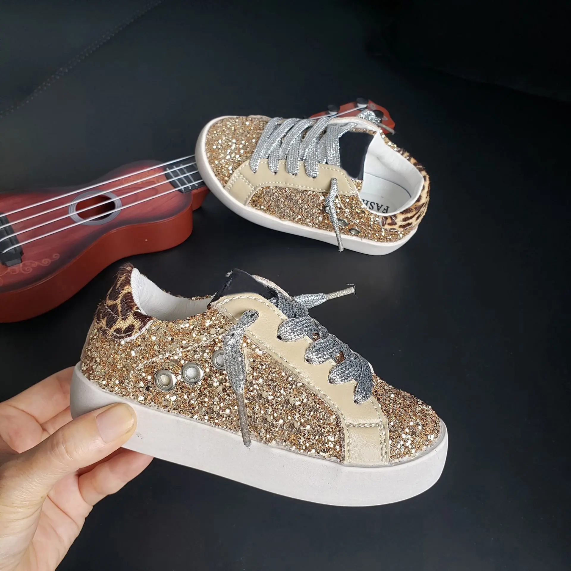 Gold Sequin Tone Sneakers Old School Leather Girl's May Glitter Leather Star Low-Top Sneakers Kids Leopard Shoes