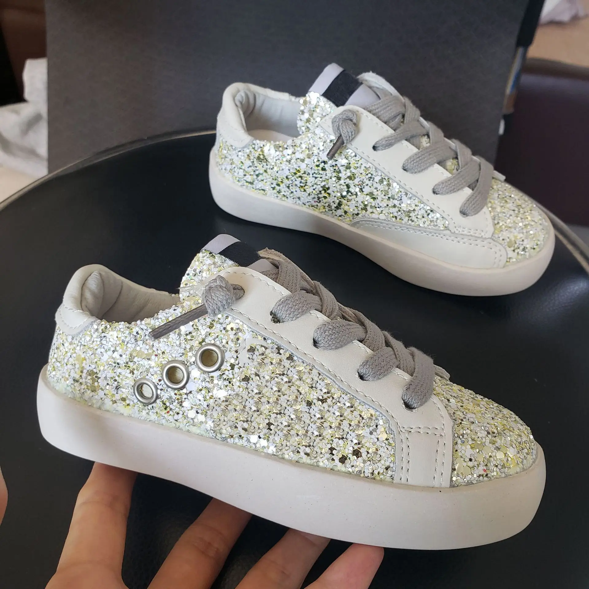 Gold Sequin Tone Sneakers Old School Leather Girl's May Glitter Leather Star Low-Top Sneakers Kids Leopard Shoes