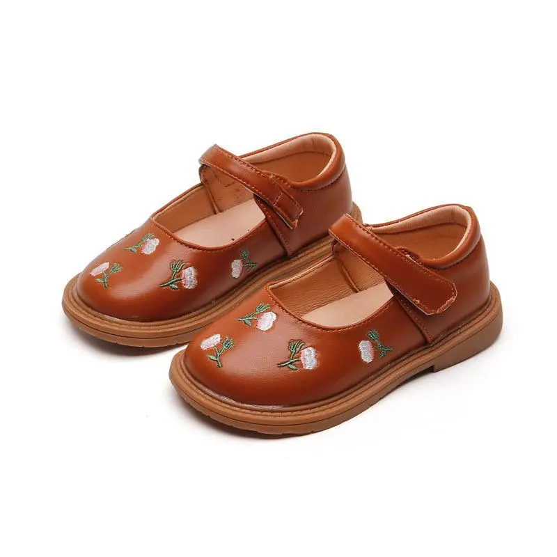 Girls Leather Shoes Embroidery Flowers Princess Sweet Kids National Style Flats Children's Flat Mary Janes Soft Dress Shoes Soft