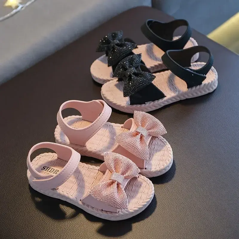 Kids Shoes Summer Girls Sandals Bow Non-slip Soft Soled Versatile Solid Korean Children Sweet Princess Shoes Beach Sandals