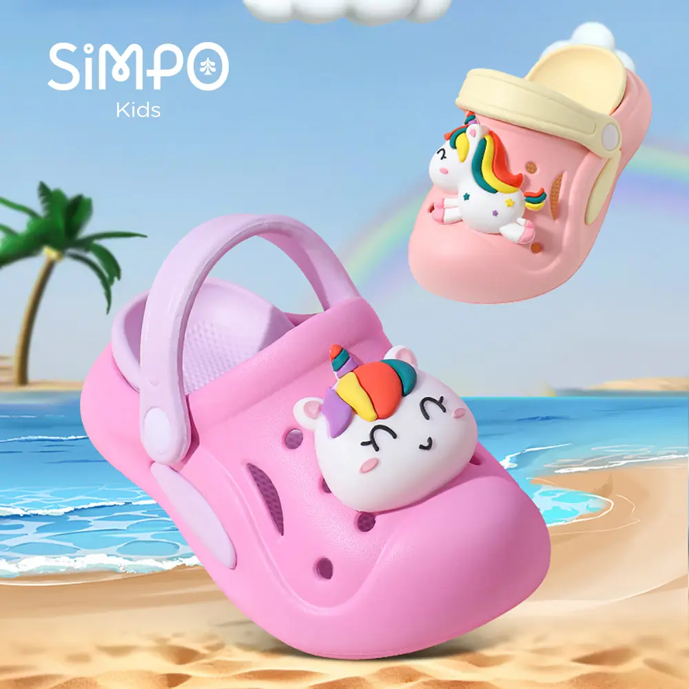 Kawaii Garden Shoes For Little Kid With Unicorn Charm Rainbow Color Girl's Clogs Outdoor Thick Sole Anti-slip Sandals Summer