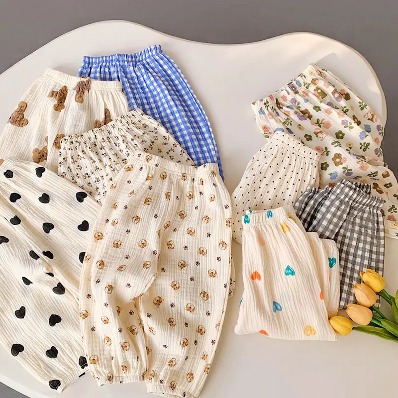 Summer Children Linen Pants Solid Print Bear Cartoon Breathable Teenage Outfits Clothes Korean Kids Boys Girls Casual Trousers