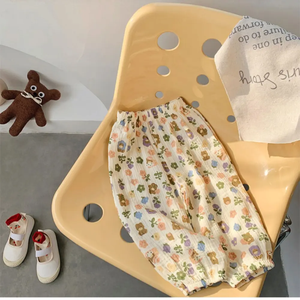 Summer Children Linen Pants Solid Print Bear Cartoon Breathable Teenage Outfits Clothes Korean Kids Boys Girls Casual Trousers