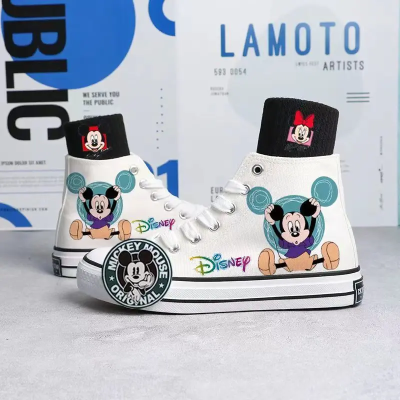 Disney Mickey Mouse Summer High Top Canvas Cartoon Shoes Graffiti Breathable Sneakers Black White Causal Shoes Size 35-44