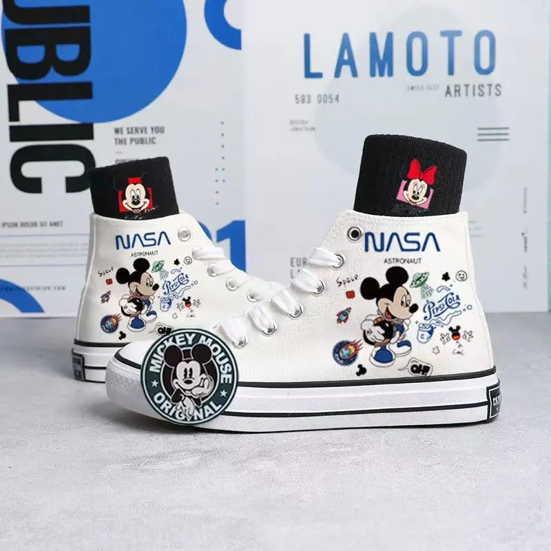 Disney Mickey Mouse Summer High Top Canvas Cartoon Shoes Graffiti Breathable Sneakers Black White Causal Shoes Size 35-44