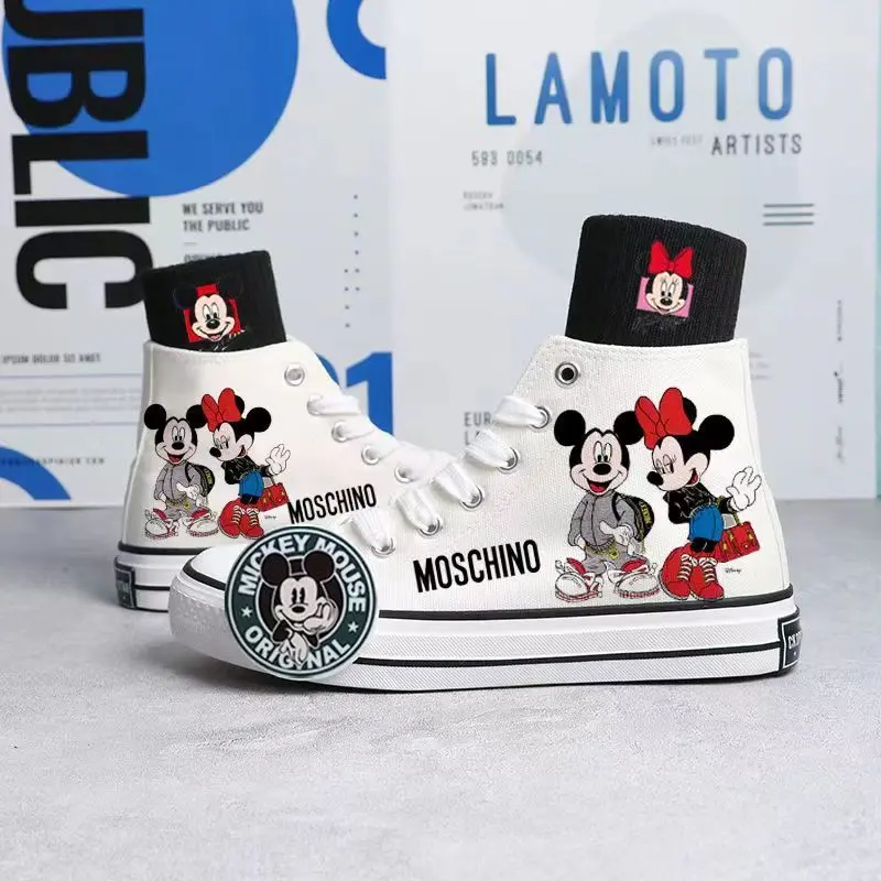 Disney Mickey Mouse Summer High Top Canvas Cartoon Shoes Graffiti Breathable Sneakers Black White Causal Shoes Size 35-44