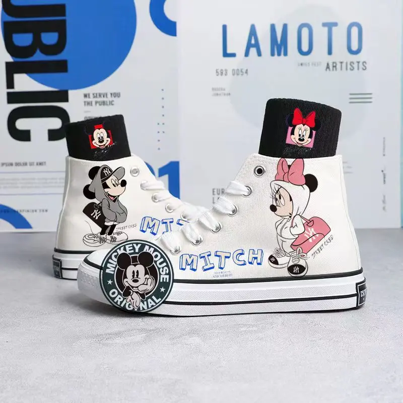 Disney Mickey Mouse Summer High Top Canvas Cartoon Shoes Graffiti Breathable Sneakers Black White Causal Shoes Size 35-44