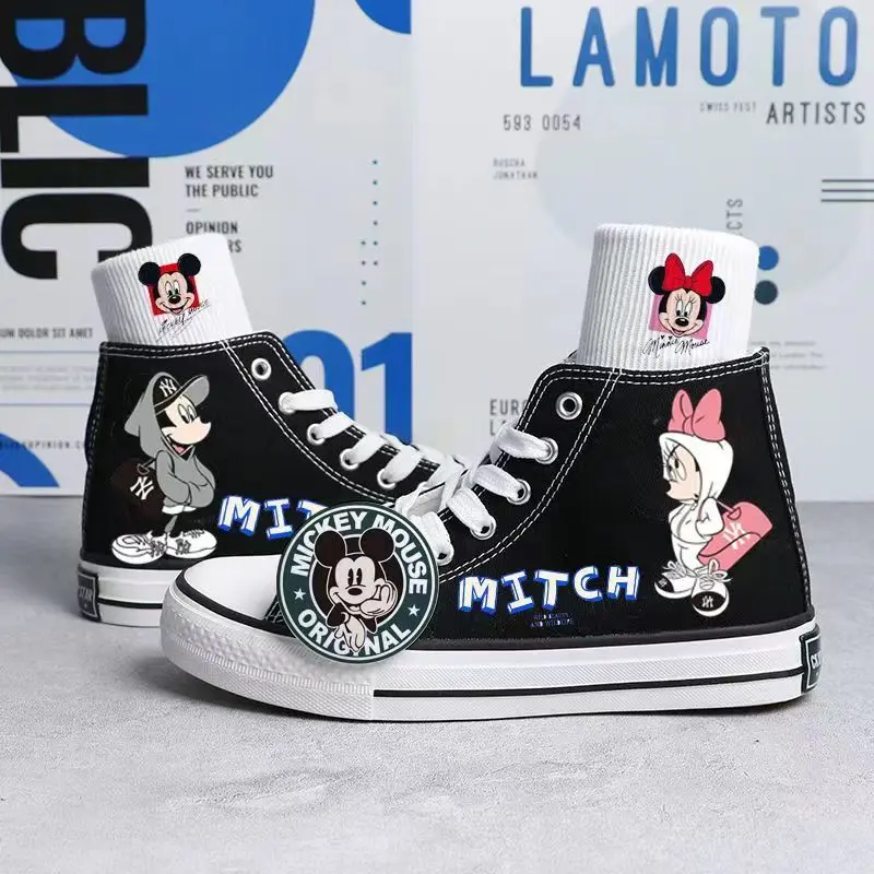 Disney Mickey Mouse Summer High Top Canvas Cartoon Shoes Graffiti Breathable Sneakers Black White Causal Shoes Size 35-44