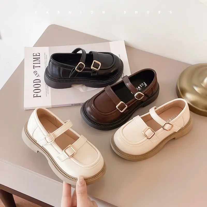 Children's Leather Shoes Solid Color Causal Black Shoes for Girls School Versatile Kids Fashion Uniform Flat Shoes Soft Bottom