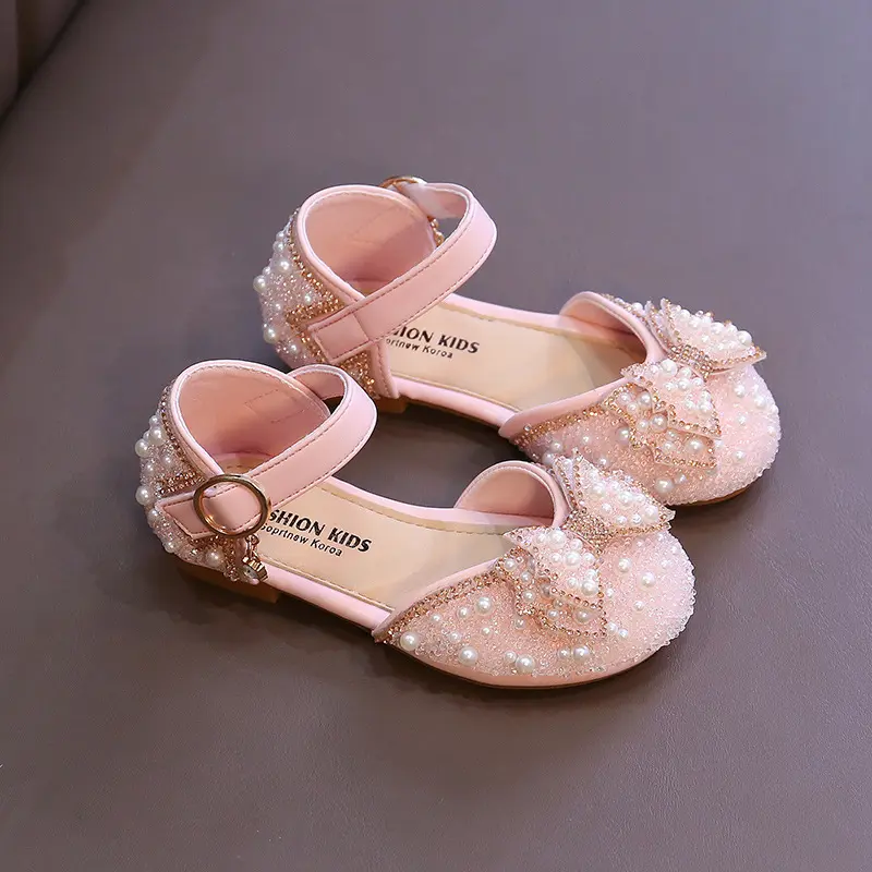Girls Party Shoes Elegant Rhinestone Fashion Children's Leather Shoes Versatile Sweet Kids Princess Wedding Dress Flats Sandals
