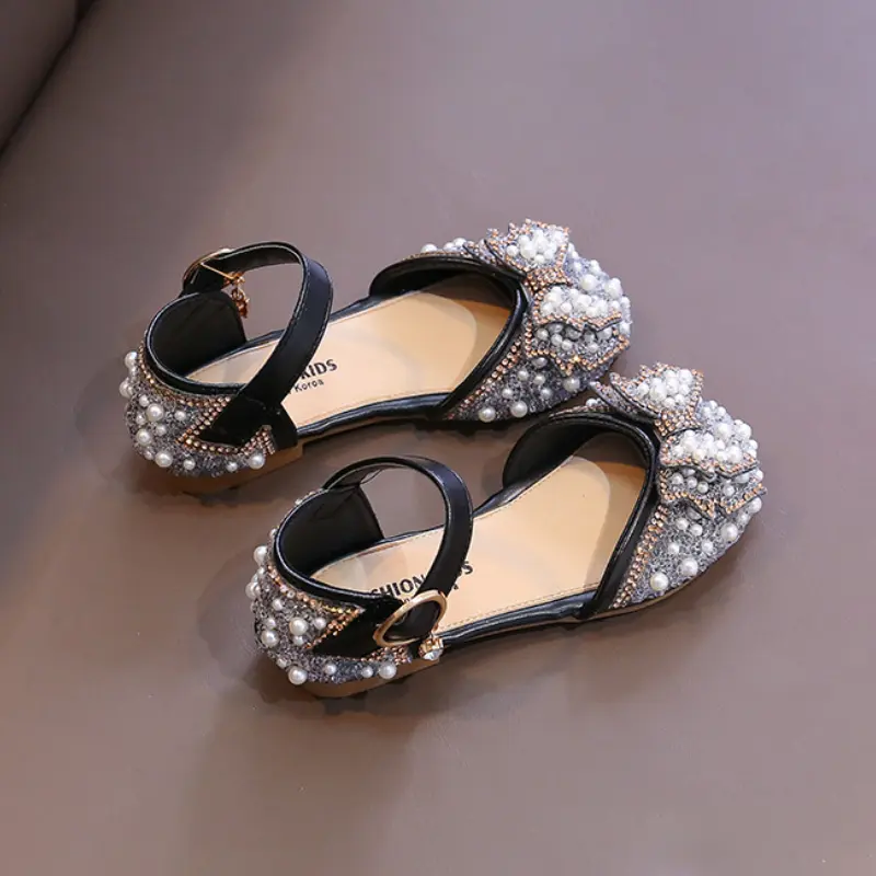 Girls Party Shoes Elegant Rhinestone Fashion Children's Leather Shoes Versatile Sweet Kids Princess Wedding Dress Flats Sandals